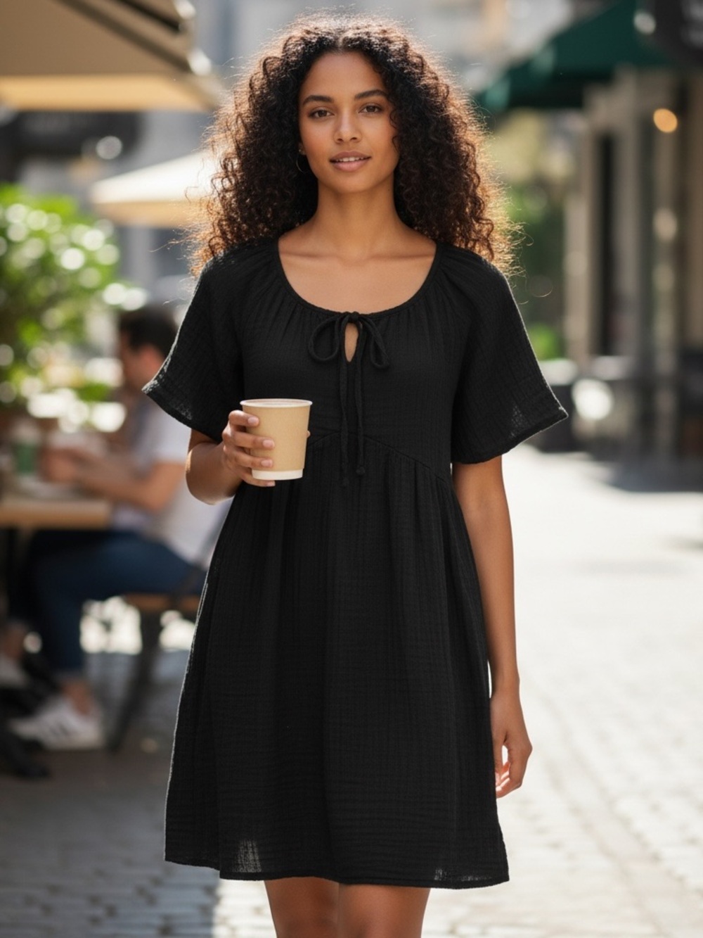 Old Navy Black Short-Sleeve Tie-Neck Midi Dress